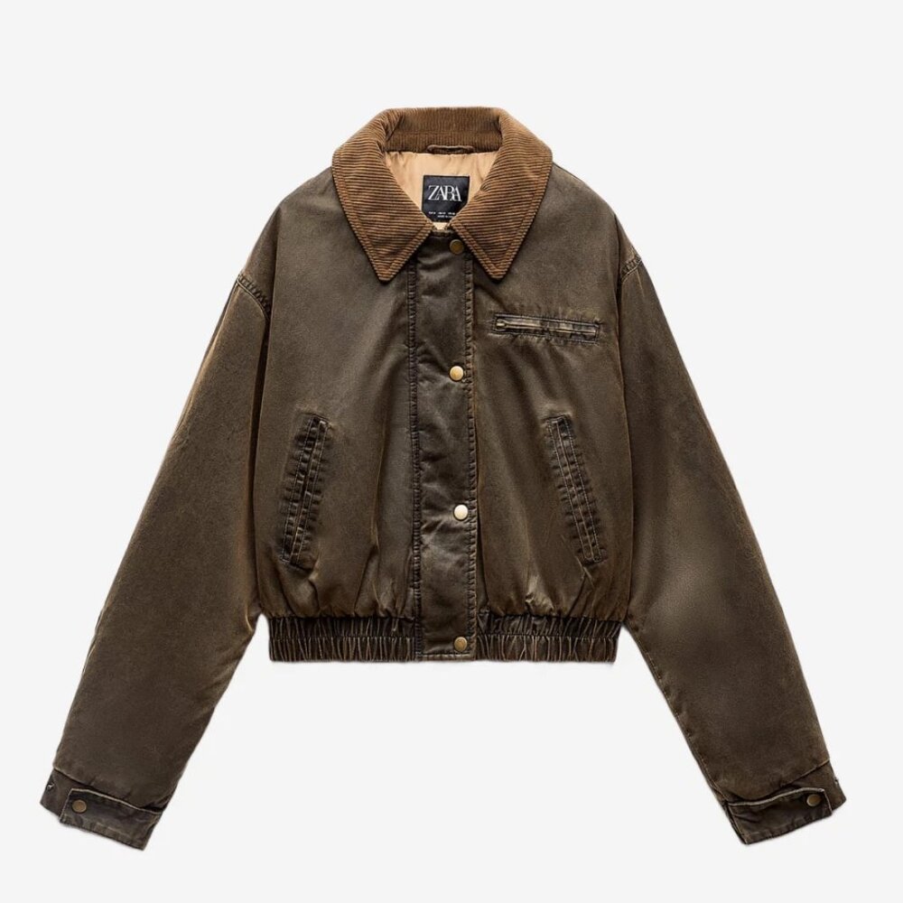 Zara corduroy collar waxed crop bomber